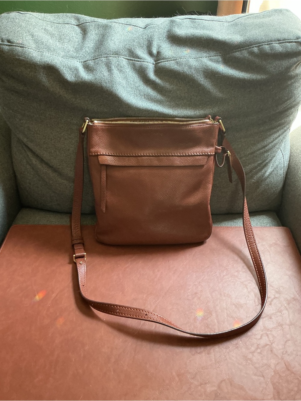 Vera Bradley Cognac Pebbled Leather Crossbody Purse Adjustable Strap